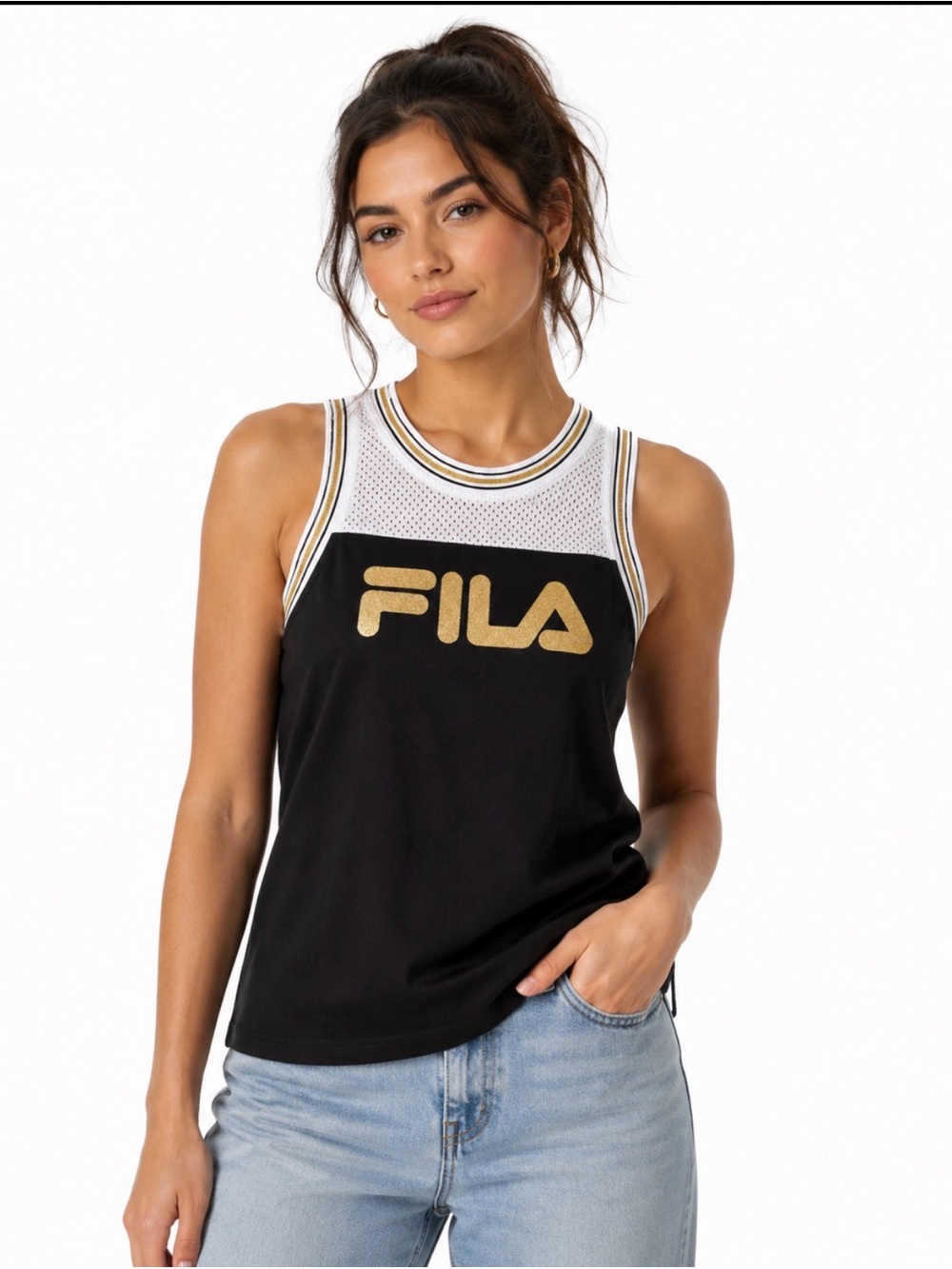 Fila Tank Top Black Gold Logo Mesh Detail XS